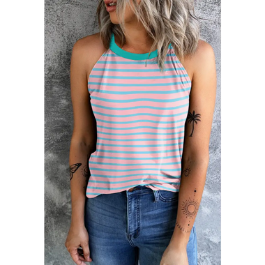 Pink Stripe Round Neck Tank Top - Pink Stripe / S / 70% Polyester + 25% Cotton + 5% Elastane - Tops/Tank Tops