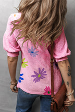 Pink Textured Colorful Floral Print Puff Sleeve T Shirt in vibrant floral knit design