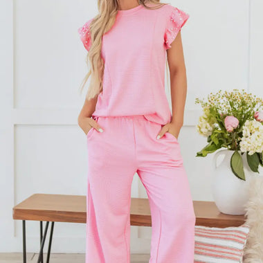 Pink Textured Pearled Ruffled Sleeve Wide Leg Pants Set designed for ultimate relax relax