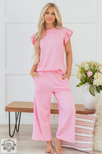 Pink Textured Pearled Ruffled Sleeve Wide Leg Pants Set designed for ultimate relax relax