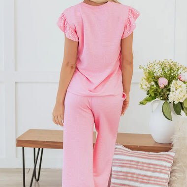 Pink Textured Pearled Ruffled Sleeve Wide Leg Pants Set for stylish relaxation