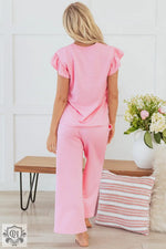 Pink Textured Pearled Ruffled Sleeve Wide Leg Pants Set for stylish relaxation