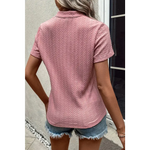 Pink Twisted Textured V Neck Short Sleeve Top in euro sizes for relaxed style