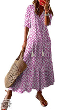 Pink V Neck Casual Geometric Print Maxi Dress - Dresses/Maxi Dresses