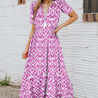 Pink V Neck Casual Geometric Print Maxi Dress - Dresses/Maxi Dresses