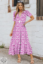 Pink V Neck Casual Geometric Print Maxi Dress - Dresses/Maxi Dresses