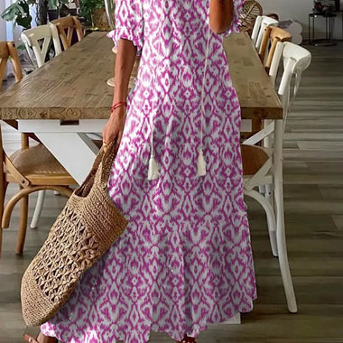 Pink V Neck Casual Geometric Print Maxi Dress - Pink / S / 100% Polyester - Dresses/Maxi Dresses