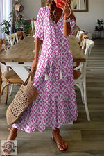 Pink V Neck Casual Geometric Print Maxi Dress - Pink / S / 100% Polyester - Dresses/Maxi Dresses