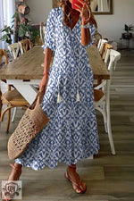 Pink V Neck Casual Geometric Print Maxi Dress - Sky Blue / S / 100% Polyester - Dresses/Maxi Dresses