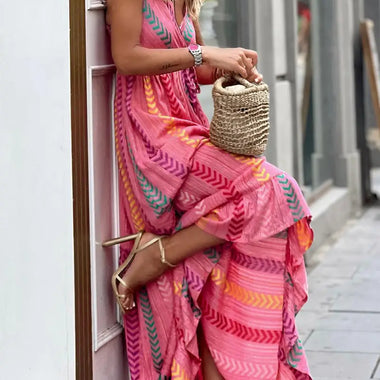 Pink Western Printed Tassel Tie V Neck Wrap Maxi Dress - Dresses/Maxi Dresses