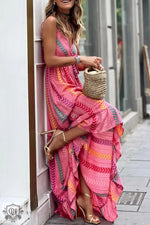 Pink Western Printed Tassel Tie V Neck Wrap Maxi Dress - Dresses/Maxi Dresses