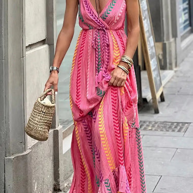 Pink Western Printed Tassel Tie V Neck Wrap Maxi Dress - Pink / S / 100% Polyester - Dresses/Maxi Dresses