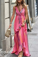 Pink Western Printed Tassel Tie V Neck Wrap Maxi Dress - Pink / S / 100% Polyester - Dresses/Maxi Dresses