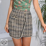 Spring Autumn Plaid Breasted High Waist Sheath Skirt Irregular Asymmetric Skirt - Quality Home Clothing| Beauty