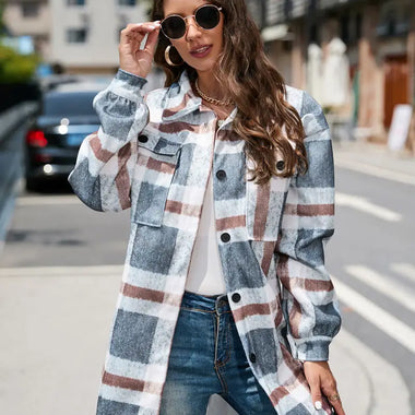 Plaid Woolen Long Coat - QH Clothing