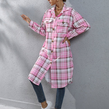 Plaid Long Trench Coat - QH Clothing