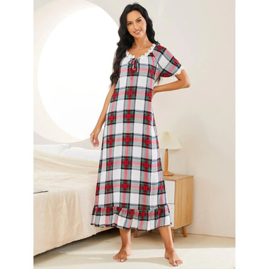 Spring Autumn Plaid Short-Sleeved Nightdress Women  Wear outside One Piece Homewear Clothing Night Dress - Quality Home Clothing| Beauty