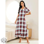 Spring Autumn Plaid Short-Sleeved Nightdress Women  Wear outside One Piece Homewear Clothing Night Dress - Quality Home Clothing| Beauty