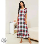 Spring Autumn Plaid Short-Sleeved Nightdress Women  Wear outside One Piece Homewear Clothing Night Dress - Quality Home Clothing| Beauty