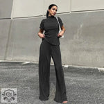 Pleated High Waist Trousers & Short Sleeve Top - S / Black - Clothing