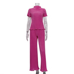 Pleated High Waist Trousers & Short Sleeve Top - S / Pink - Clothing