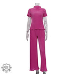 Pleated High Waist Trousers & Short Sleeve Top - S / Pink - Clothing