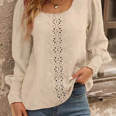 Women Round Neck Puff Sleeve Big Polka Dot Stitching Lace Smocking Shirt - Quality Home Clothing| Beauty