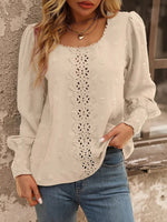 Women Round Neck Puff Sleeve Big Polka Dot Stitching Lace Smocking Shirt - Quality Home Clothing| Beauty