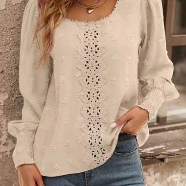 Women Round Neck Puff Sleeve Big Polka Dot Stitching Lace Smocking Shirt - Quality Home Clothing| Beauty