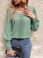 Women Round Neck Puff Sleeve Big Polka Dot Stitching Lace Smocking Shirt - Quality Home Clothing| Beauty