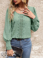 Women Round Neck Puff Sleeve Big Polka Dot Stitching Lace Smocking Shirt - Quality Home Clothing| Beauty