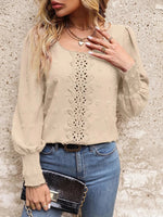 Women Round Neck Puff Sleeve Big Polka Dot Stitching Lace Smocking Shirt - Quality Home Clothing| Beauty