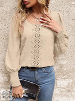 Women Round Neck Puff Sleeve Big Polka Dot Stitching Lace Smocking Shirt - Quality Home Clothing| Beauty