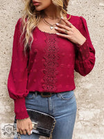 Women Round Neck Puff Sleeve Big Polka Dot Stitching Lace Smocking Shirt - Quality Home Clothing| Beauty