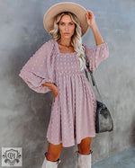 Square Collar Chiffon Polka Dots Short  Lantern Sleeve Dress - Quality Home Clothing| Beauty