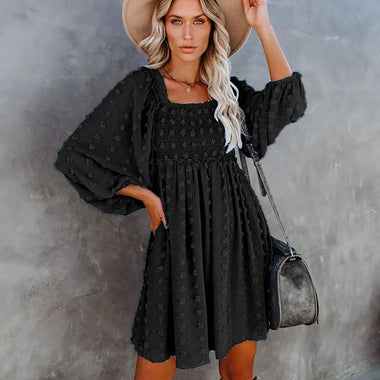 Square Collar Chiffon Polka Dots Short  Lantern Sleeve Dress - Quality Home Clothing| Beauty