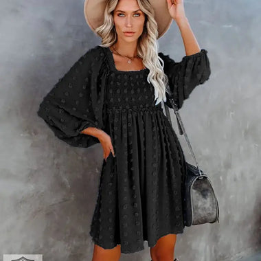 Square Collar Chiffon Polka Dots Short  Lantern Sleeve Dress - Quality Home Clothing| Beauty