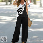 Printed Sleeveless Top & High Rise Trousers - S / Black and White Leaves - Clothing