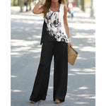 Printed Sleeveless Top & High Rise Trousers - S / Black and White Big Flower - Clothing