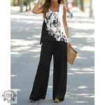 Printed Sleeveless Top & High Rise Trousers - S / Black and White Big Flower - Clothing