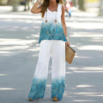 Printed Sleeveless Top & High Rise Trousers - S / Blue and White Gradient - Clothing