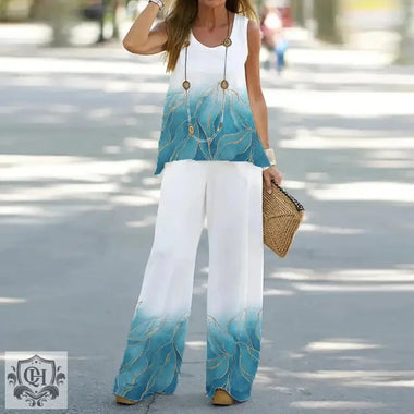 Printed Sleeveless Top & High Rise Trousers - Clothing