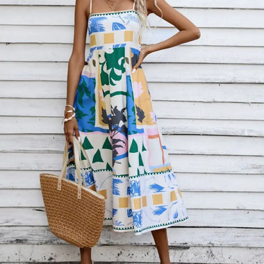 Printed Spaghetti Strap Swing Dress - QH Clothing