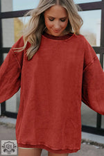 Racing Red Ribbed Corduroy Oversized Sweatshirt - Tops/Sweatshirts & Hoodies