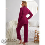 Burgundy pajama set with white trim in a stylish Red Belted Lounge Set design