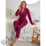 Burgundy pajama set with white trim from the Red Belted Lounge Set collection