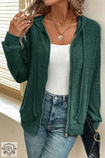 Red Dahlia Ribbed Zip Up Front Drawstring Hoodie - Evergreen / S / 85% Polyester + 10% Viscose + 5% Elastane