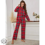 Pajamas Women Red Plaid Long Sleeve Autumn Winter Homewear Two Piece Set - Quality Home Clothing| Beauty