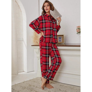 Pajamas Women Red Plaid Long Sleeve Autumn Winter Homewear Two Piece Set - Quality Home Clothing| Beauty