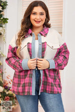 Red Plaid Print Waffle Knit Patchwork Plus Size Shirt - Red / 1X / 70% Polyester + 25% Cotton + 5% Elastane - Plus